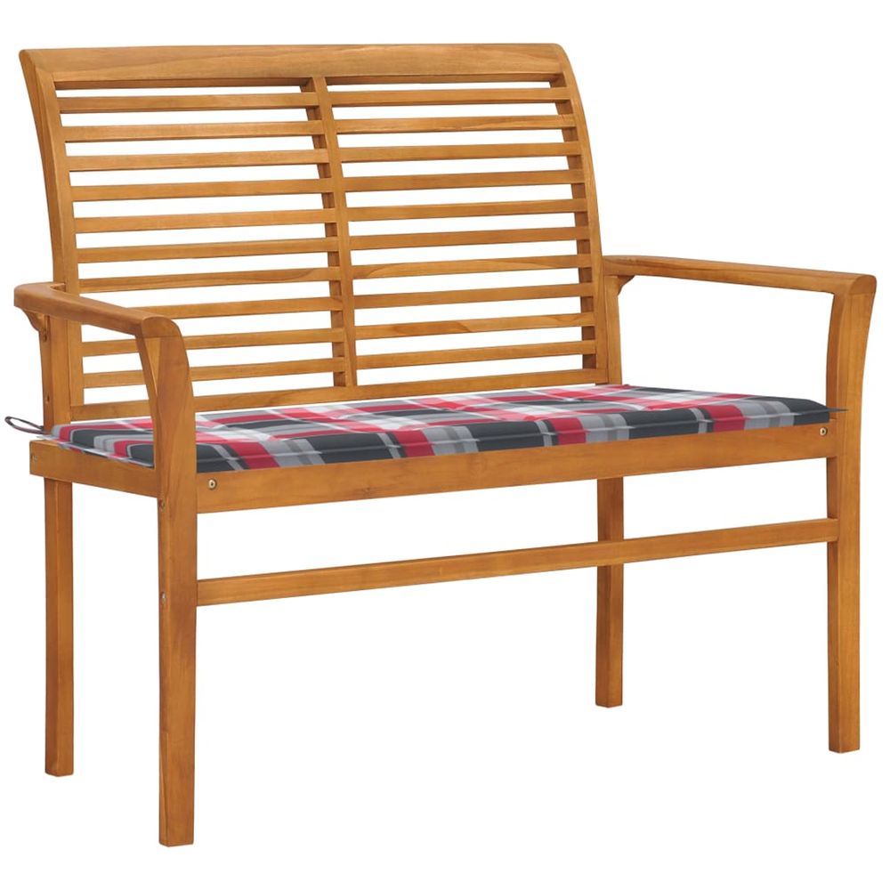 Banc de jardin avec coussin à carreaux rouge 112 cm teck massif