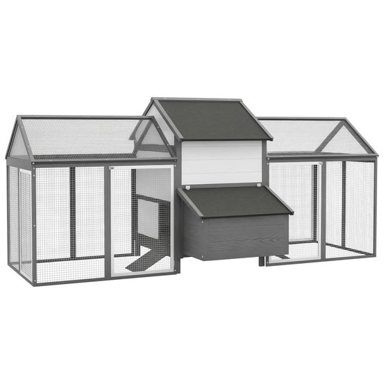 Poulailler extérieur bois gris 247 x 118 x 113,5 cm avec double enclos et pondoir