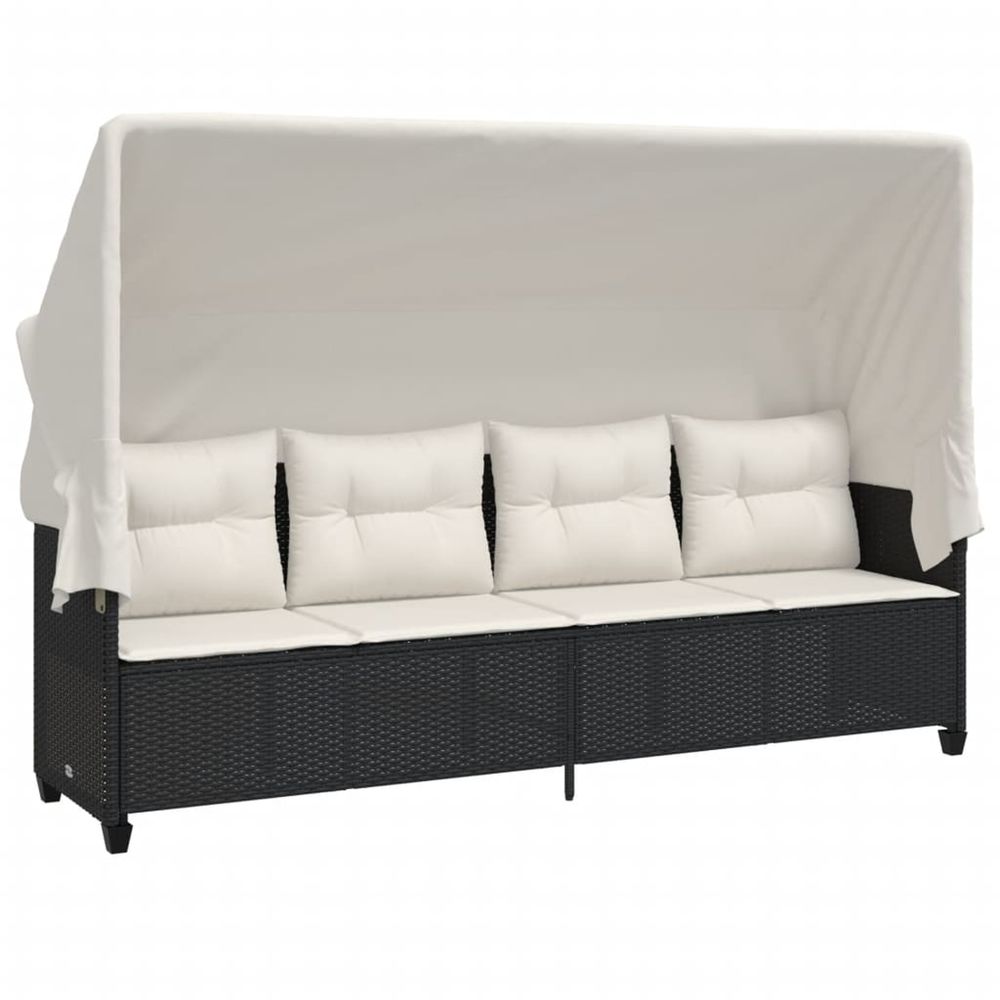 Chaise longue avec auvent et coussins noir résine tressée bain de soleil