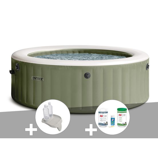 Kit spa gonflable purespa olive rond bulles 6 places + porte-verre + kit de tra