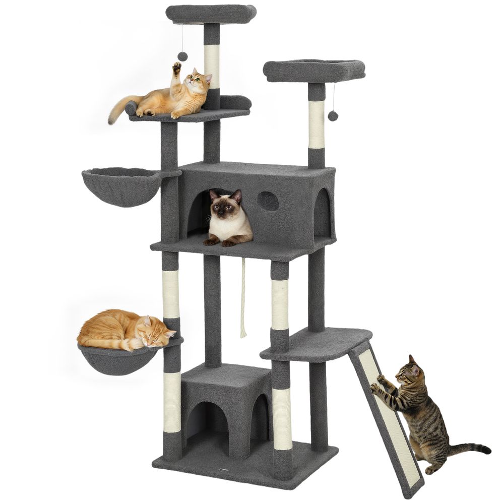 Grand arbre à chat 174 cm avec 3 lits 2 niches et griffoirs tour de jeu multi-chats grise