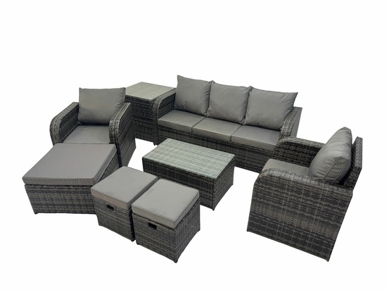 8 places salon de jardin avec table basse rectangulaire 3 tabourets canapé 3 places table d'appoint gris foncé mixte