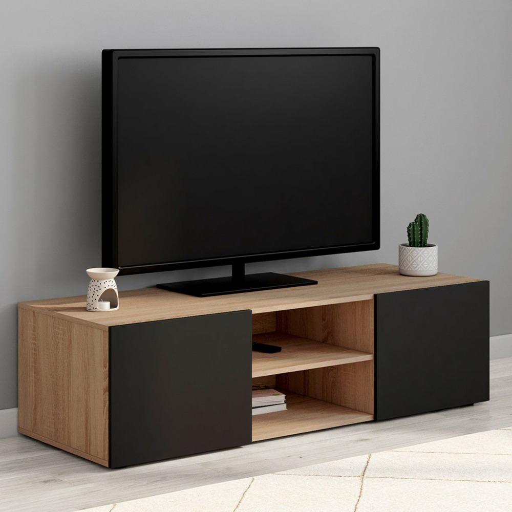 Meuble tv 113 cm eli bois façon hêtre portes noires