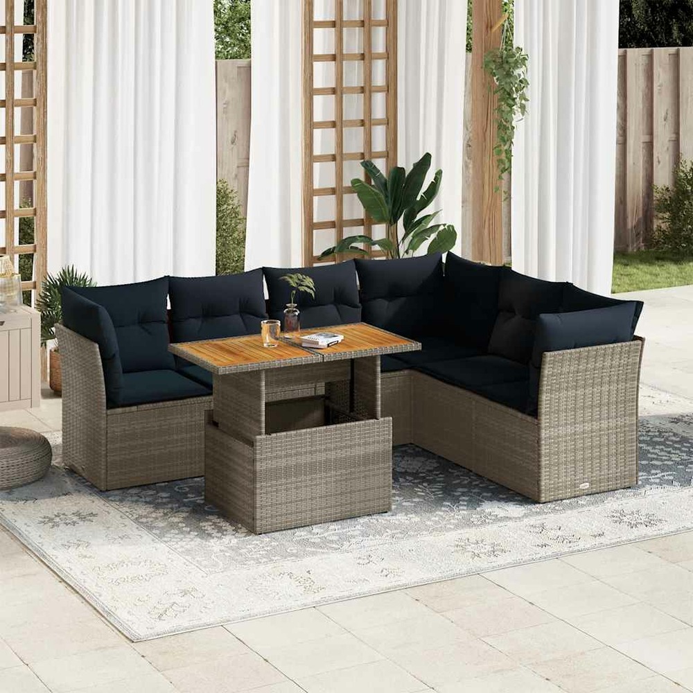 Salon de jardin avec coussins 7 pcs gris résine tressée