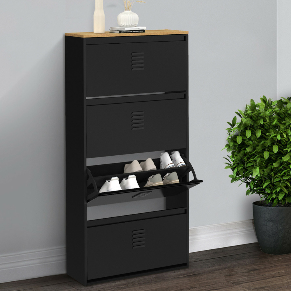 Meuble à chaussures 24 paires maxi capacité ester 4 portes métal noir et plateau façon hêtre design industriel