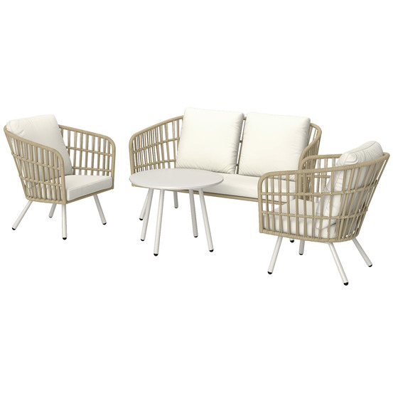 Salon de jardin polyrotin 4 places : canapé 2 places + fauteuil + table + coussins, résistant, khaki