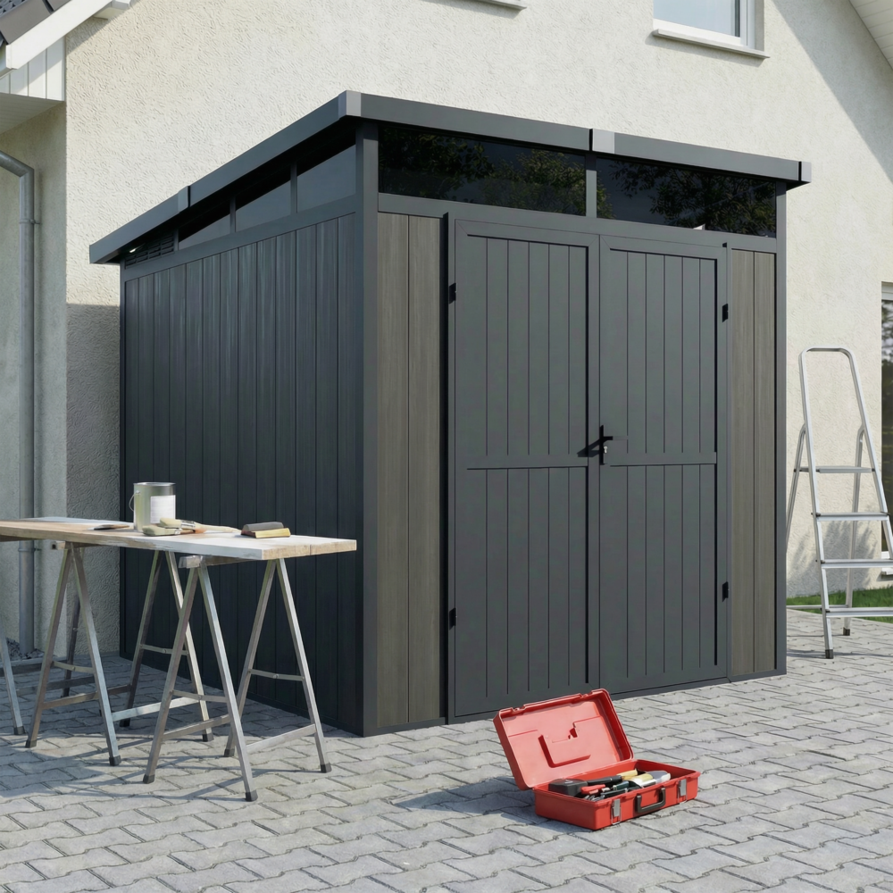 Abri de jardin bois composite 4m2 gris 237x223x227cm evora - cabane a outils - local a vélo