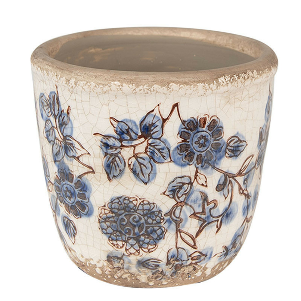 Pot de fleurs intérieur céramique beige bleu 12x12x13cm