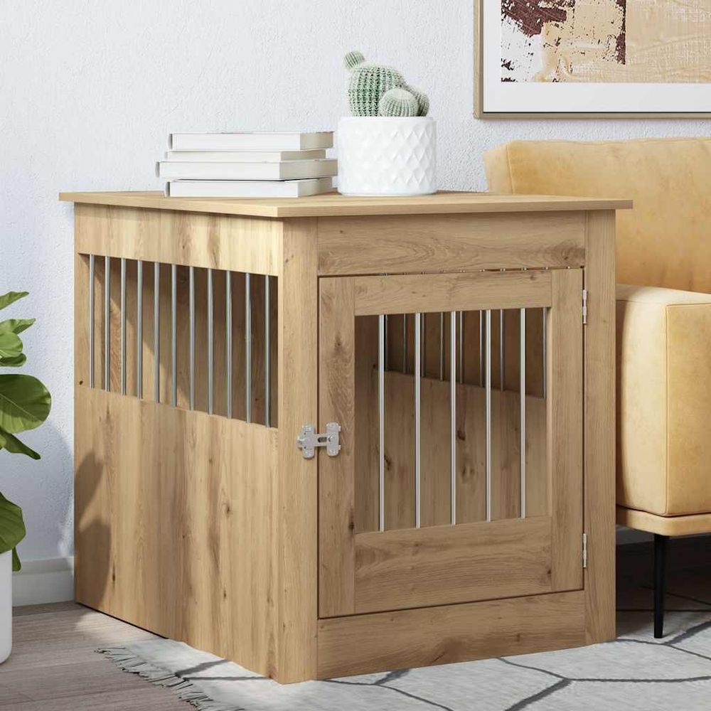 Cage chien intérieur bois acier meuble design 2en1 salon chêne brun