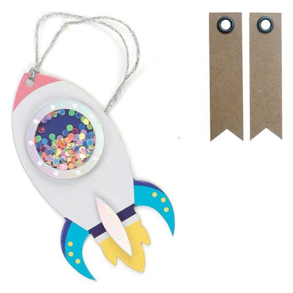 2 étiquettes 3d shaker tags fusée + 20 étiquettes kraft fanion