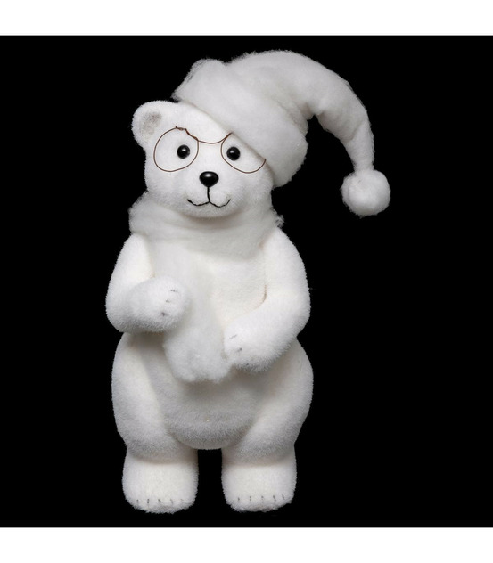 Déco de noël ours à lunettes blanc floqué h 38 cm