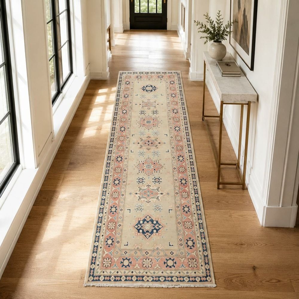 Tapis de couloir salon, 84 x 245 cm, géométrique, beige, rose, bleu, laine, kazak co 58
