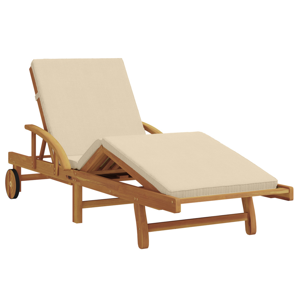 Chaise longue pliable avec roues & coussin beige en bois d'acacia massif