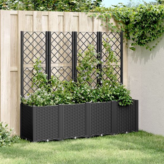 Jardinière avec treillis modulable pour plantes grimpantes aspect rotin 160x40x140 cm noir