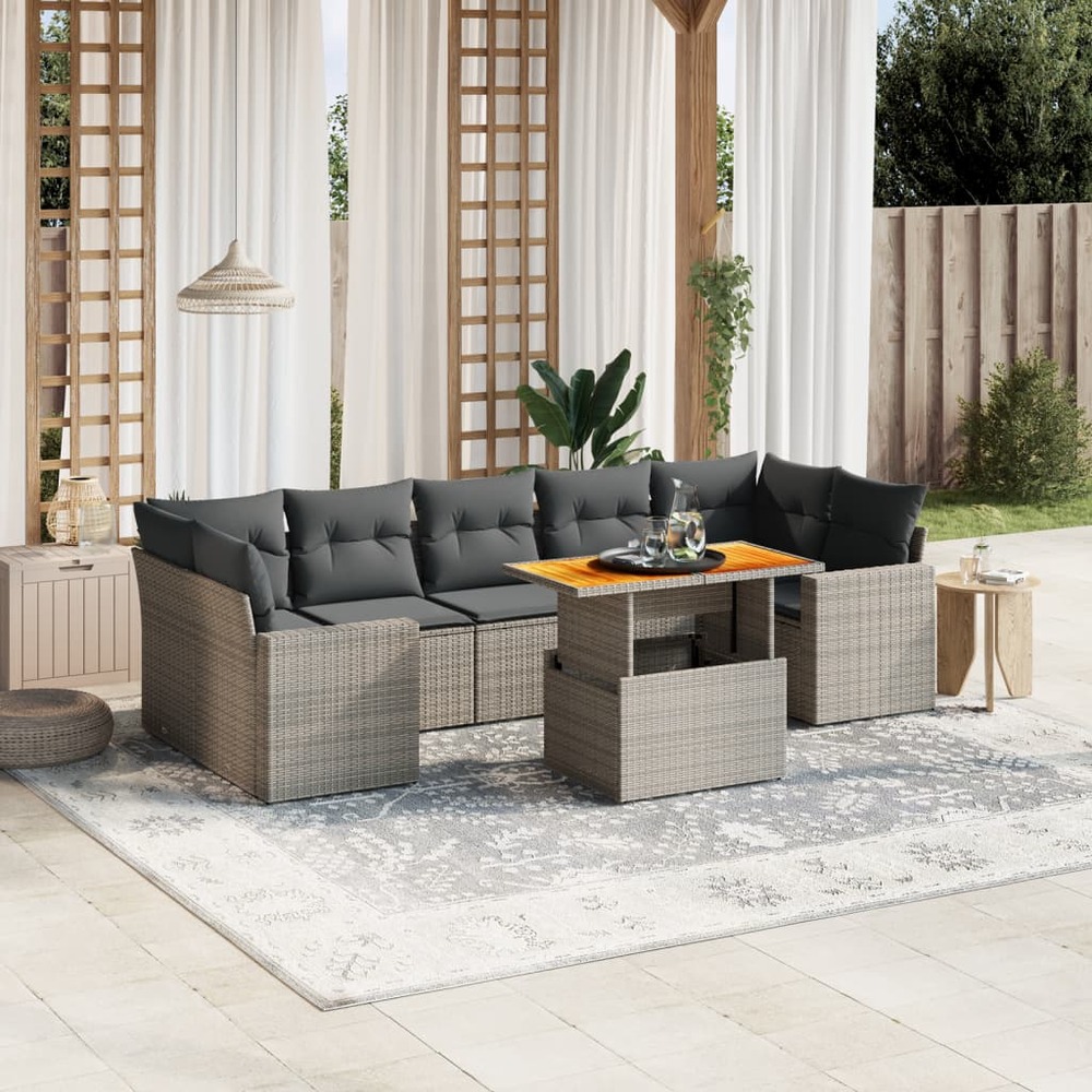 Salon de jardin 8 pcs avec coussins gris résine tressée