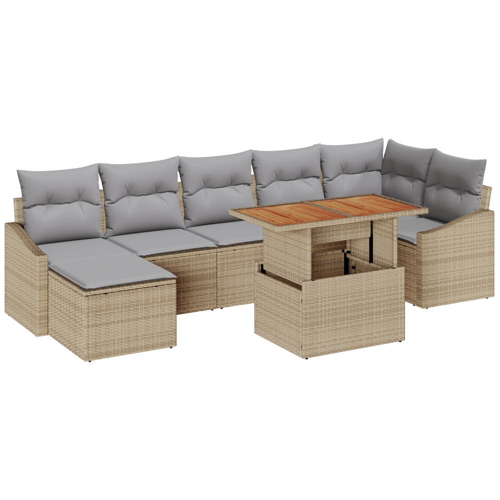 Ensemble de salle à manger de jardin en 8 pièces avec coussins beiges poly rattan acacia