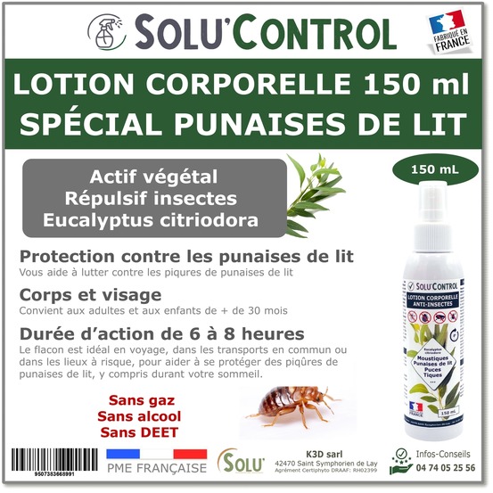Solu'control lotion repulsive anti punaise de lit 150 ml - special piqures - protection 6-8h - sans deet - corps et visage