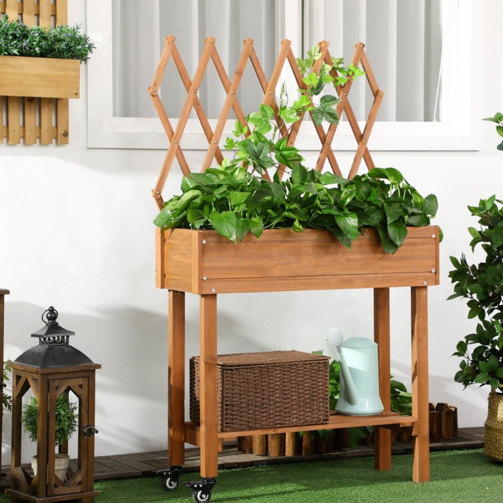 Carré potager bois massif balcon treillis roulettes étagère 79x29x130cm