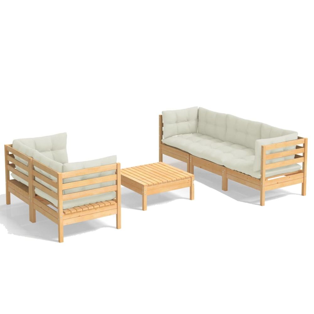 Salon de jardin 6 pcs avec coussins crème bois de pin