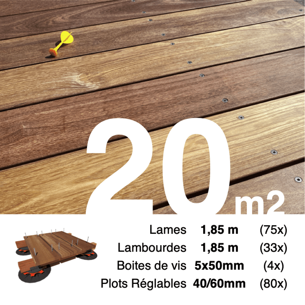 Kit complet terrasse bois exotique cumaru pour 20 m², lames 1,85 m, lambourdes 1,85 m, plots réglables et visserie inox.