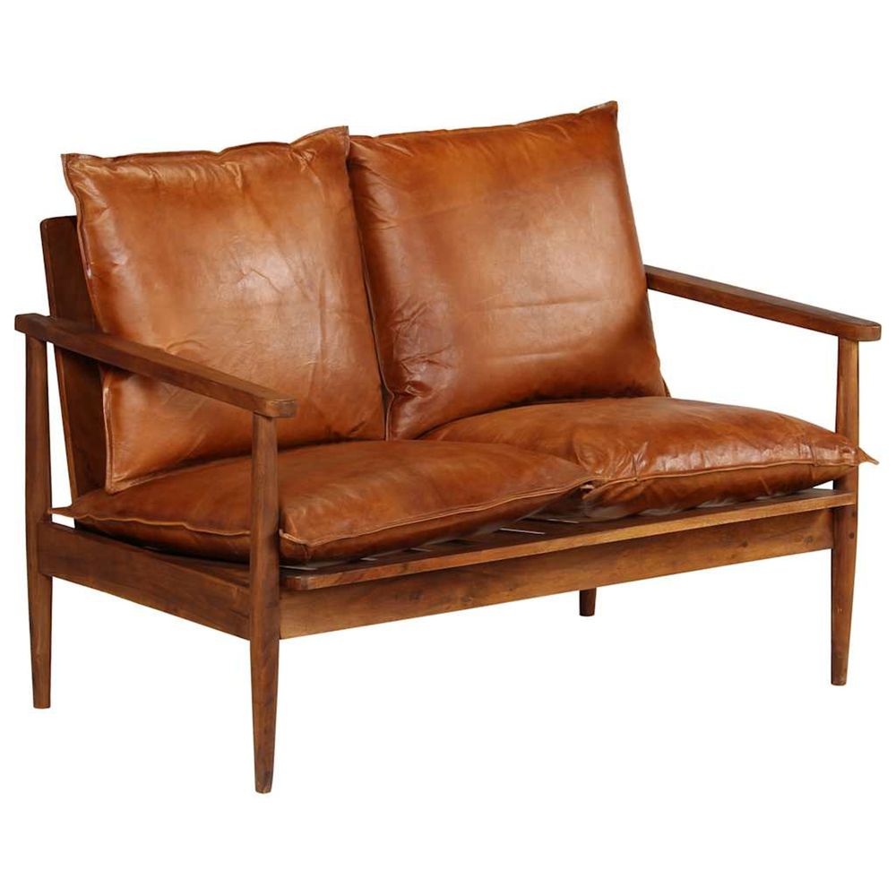 Canapé à 2 places cuir véritable avec bois d'acacia marron