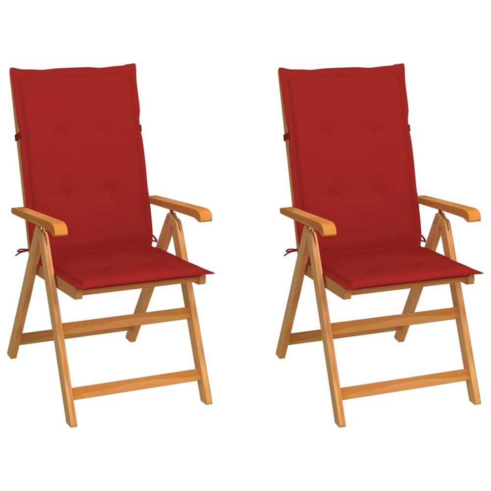Chaises pliantes (lot de 2) avec coussins rouges, en teck massif