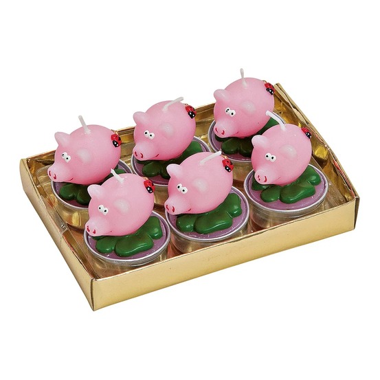 Bougies chauffe-plat cochon porte bonheur en cire set de 6