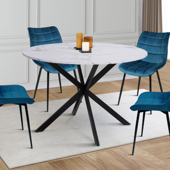 Table à manger ronde alix 6 personnes pied araignée noir et plateau effet marbre blanc alaska 110 cm