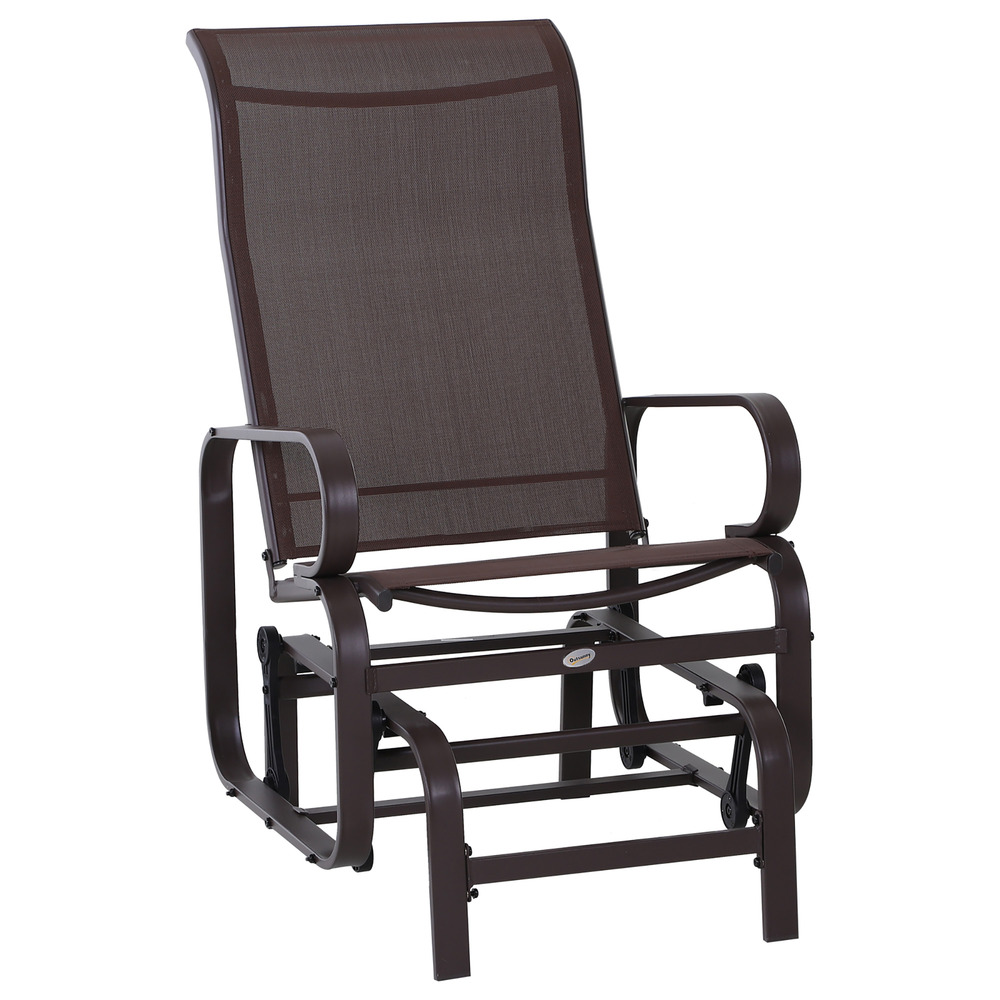 Fauteuil à bascule de jardin en métal, fauteuil de relaxation textéline marron, 60 x 78 x 105 cm, idéal pour balcon et terrasse
