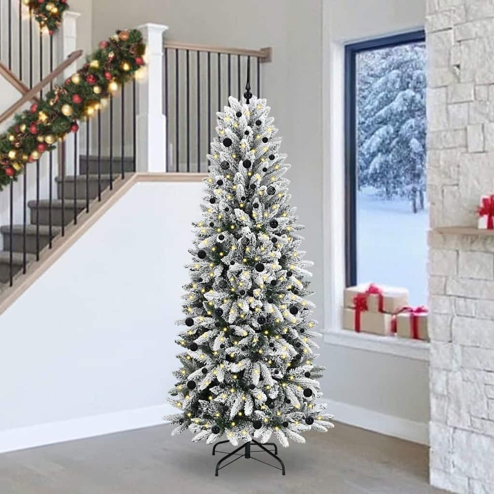Kit sapin de noël artificiel enneigé 240 cm, décoration complète blanche avec 300 led