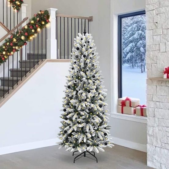 Kit sapin de noël artificiel enneigé 240 cm, décoration complète blanche avec 300 led