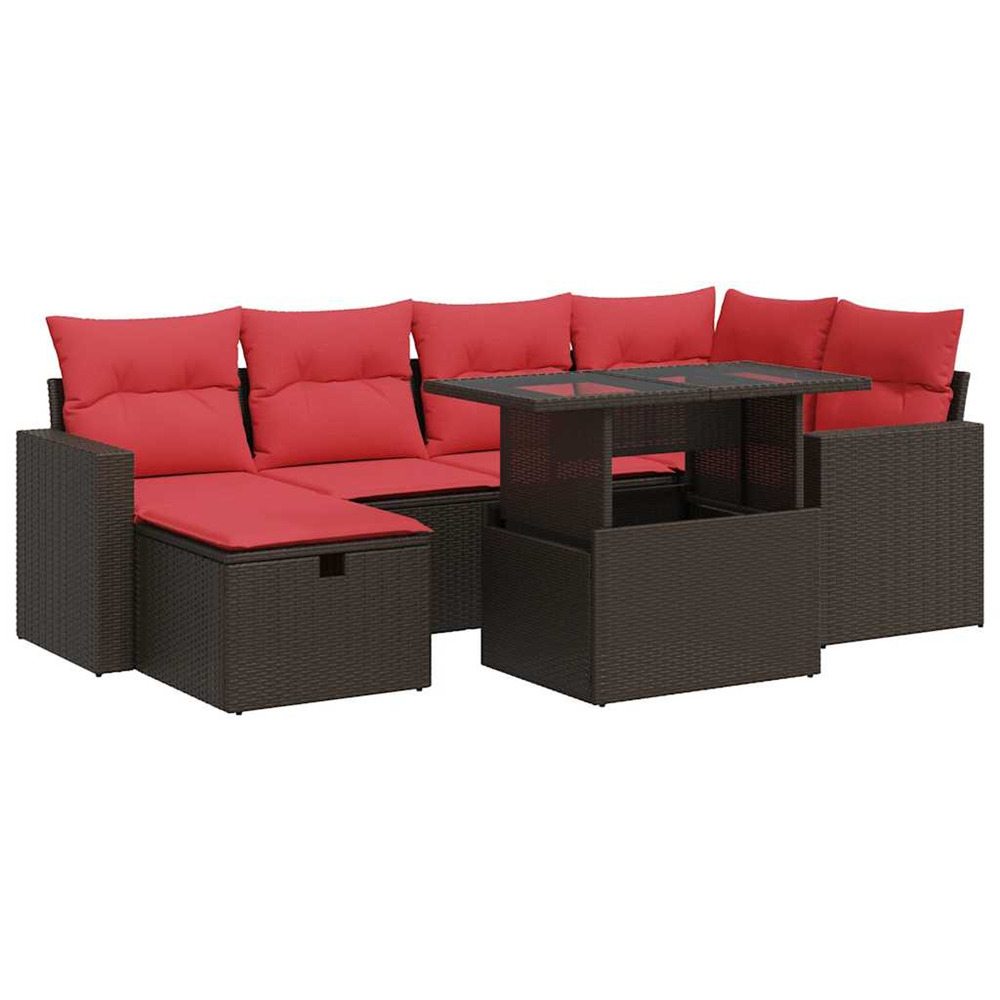 Salon de jardin avec coussins 7 pcs marron résine tressée acacia