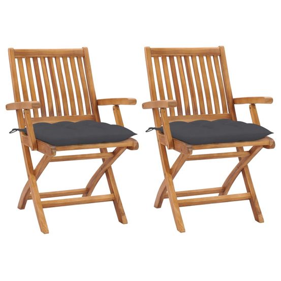 Chaises pliantes (lot de 2) avec coussins anthracite, en teck massif
