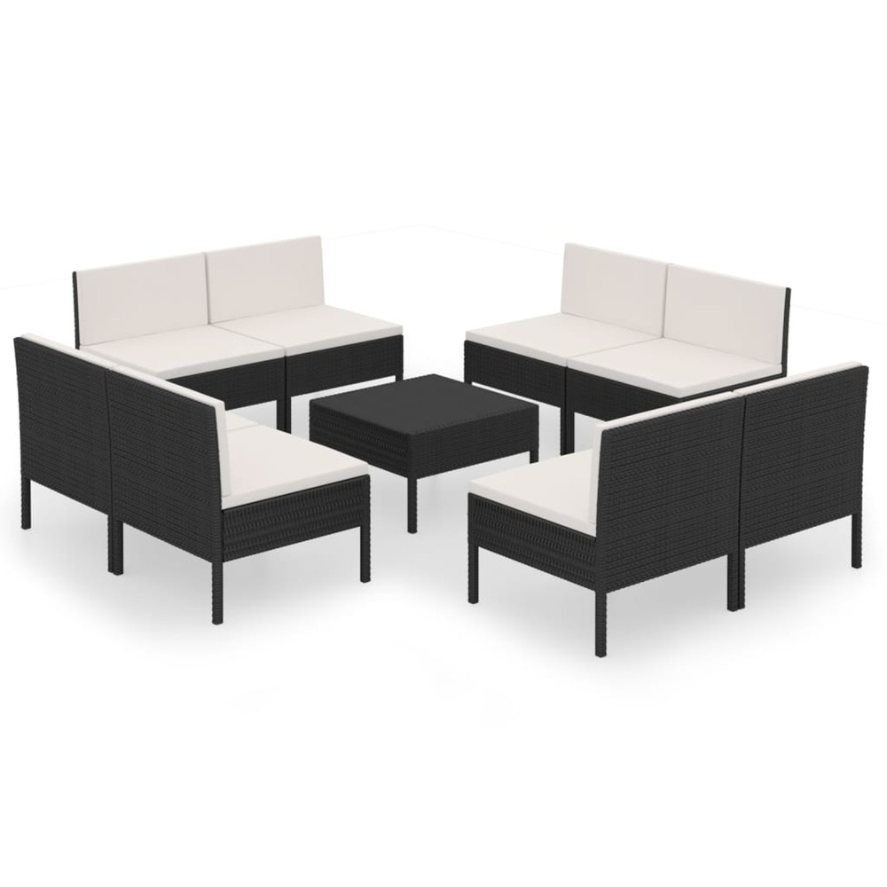 Salon de jardin 9 pcs avec coussins résine tressée noir