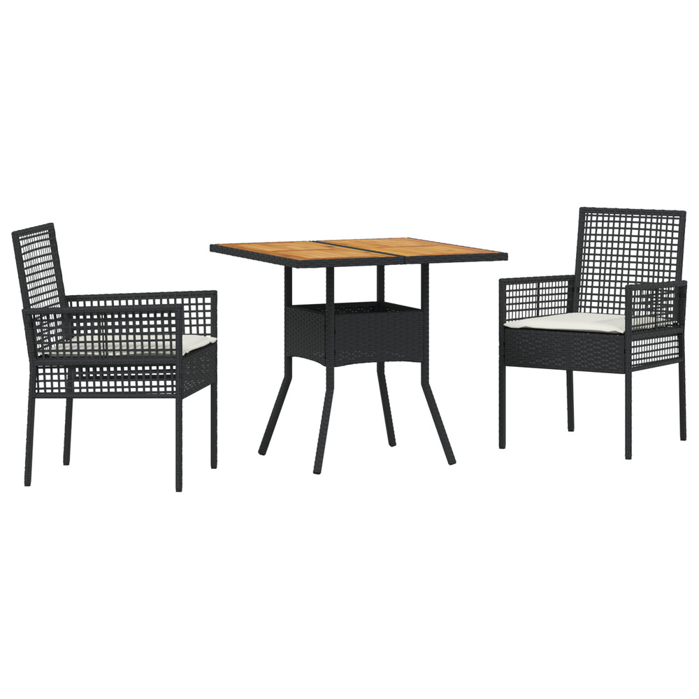 Ensemble de salle à manger de jardin 3 pièces avec coussins noir poly rattan
