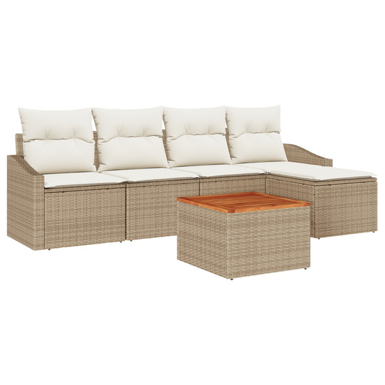 Ensemble de canapé de jardin 6 pièces avec coussins beige poly rattan acacia