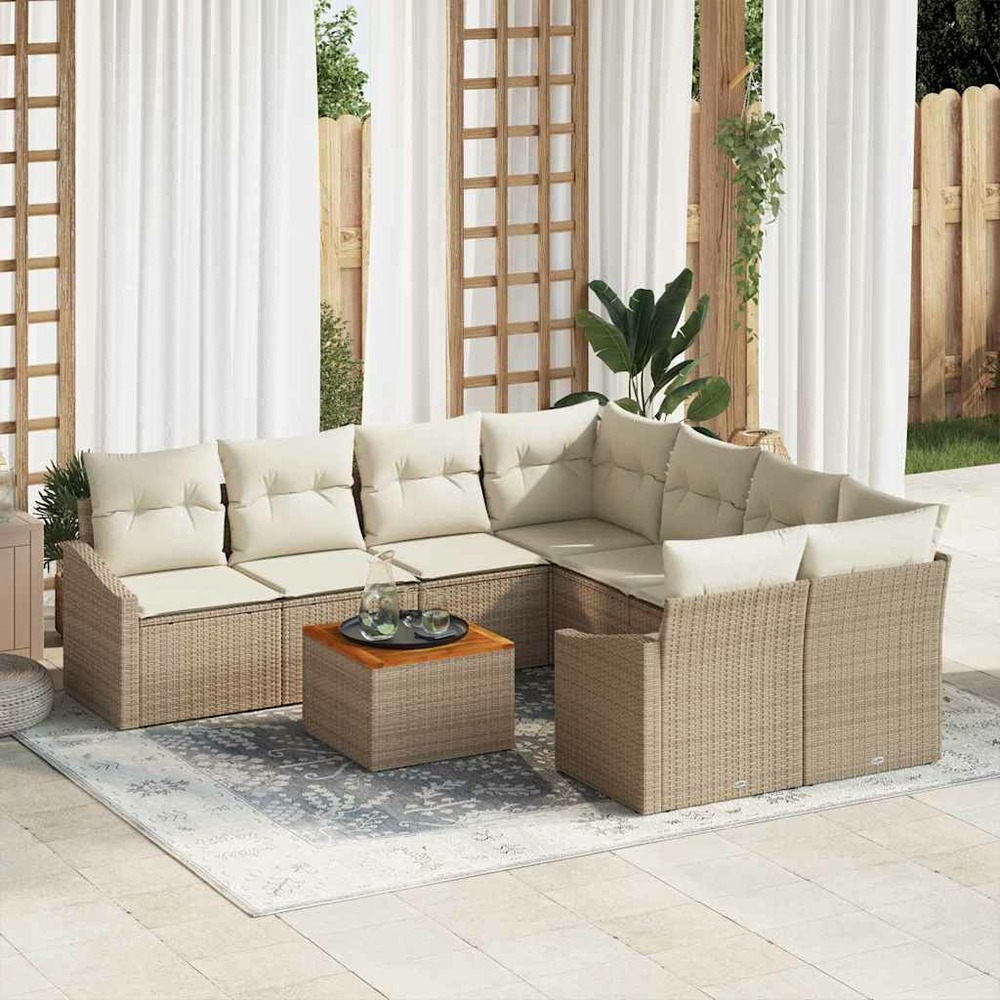 Ensemble de canapé de jardin avec coussin 9 pcs beige polyrotin