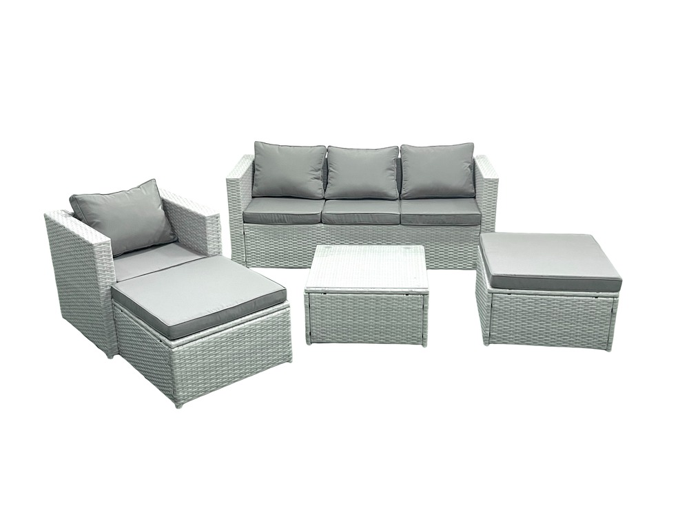 Salon de jardin exterieur en résine 6 places avec canapé 2 grand tabourets fauteuil gris clair mixte