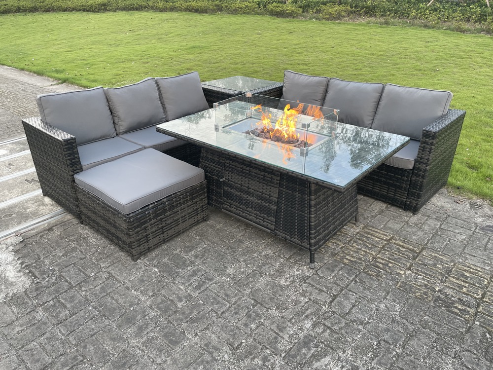 Mobilier de jardin en rotin extérieur foyer au gaz table à manger set chauffage au gaz salon grand tabouret gris mixte 7 places