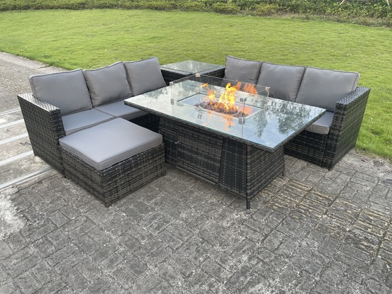 Mobilier de jardin en rotin extérieur foyer au gaz table à manger set chauffage au gaz salon grand tabouret gris mixte 7 places