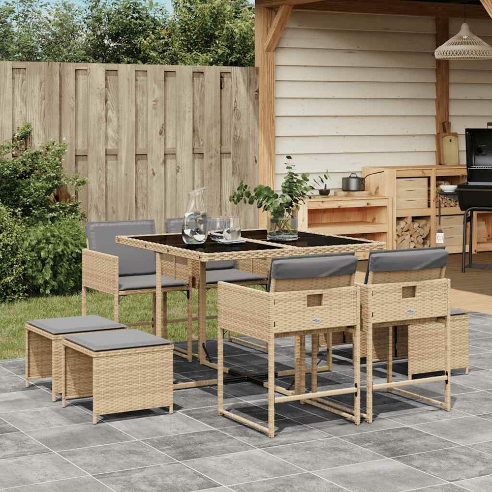 Ensemble à manger de jardin et coussins 9 pcs mélange beige