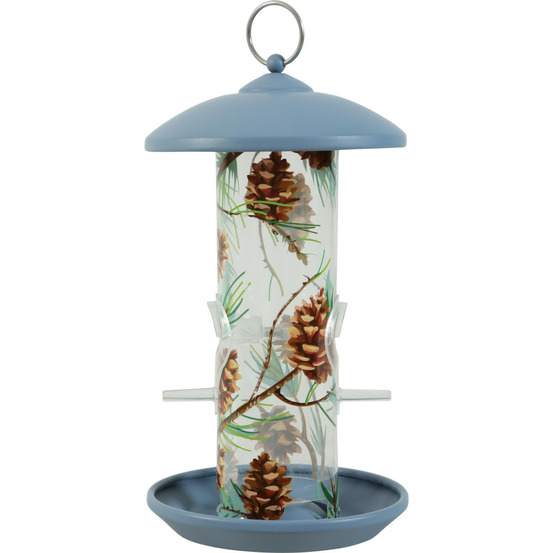 Mangeoire silo en plastique avec 2 perchoirs décorée bleu pour oiseaux