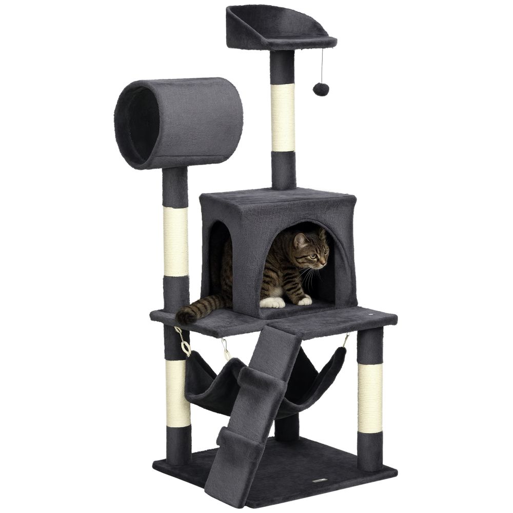 Arbre à chat peluche sisal pour chatons tunnel et hamac 48x48x125cm gris