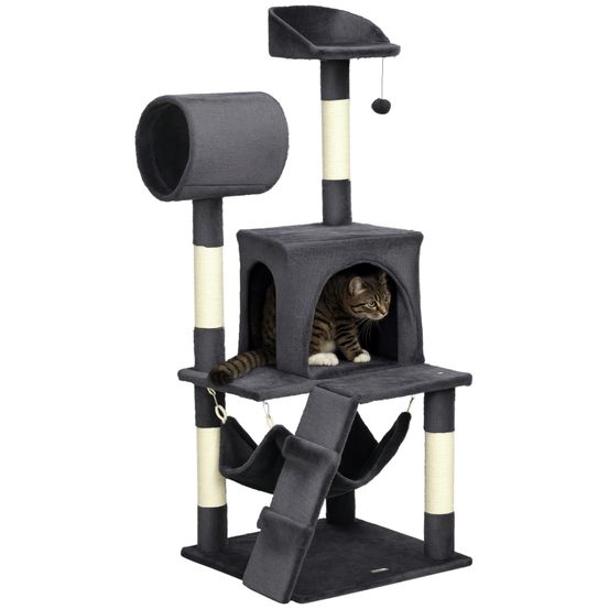 Arbre à chat peluche sisal pour chatons tunnel et hamac 48x48x125cm gris