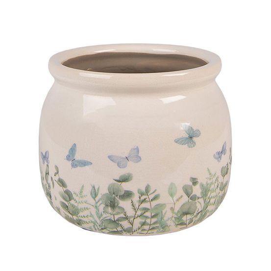 Pot de fleurs rond beige céramique papillons 12x10cm
