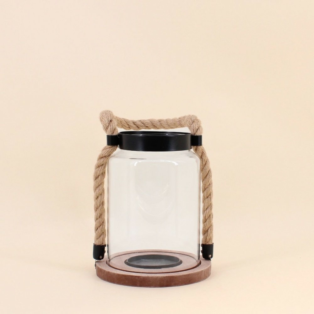 Lanterne en verre poignée corde 16x19cm
