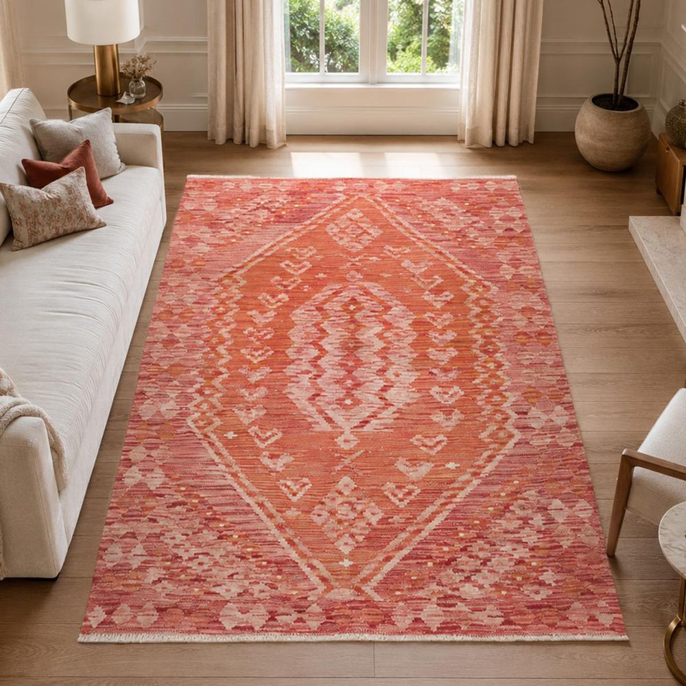 Tapis berbère 105 x 146 cm, rouge, orange et rose, laine naturelle, kilim 94