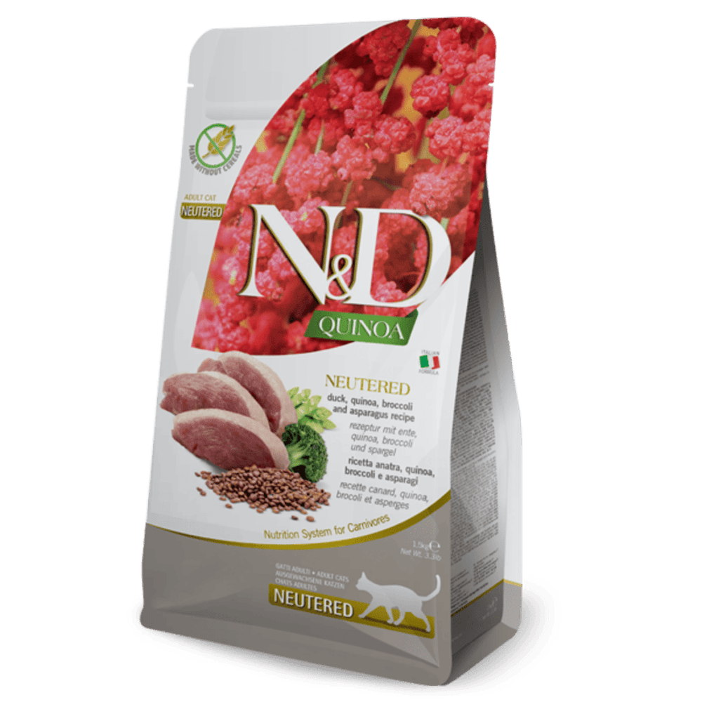 Croquettes n&d quinoa neutered canard brocoli & asperge chat 1,5 kg