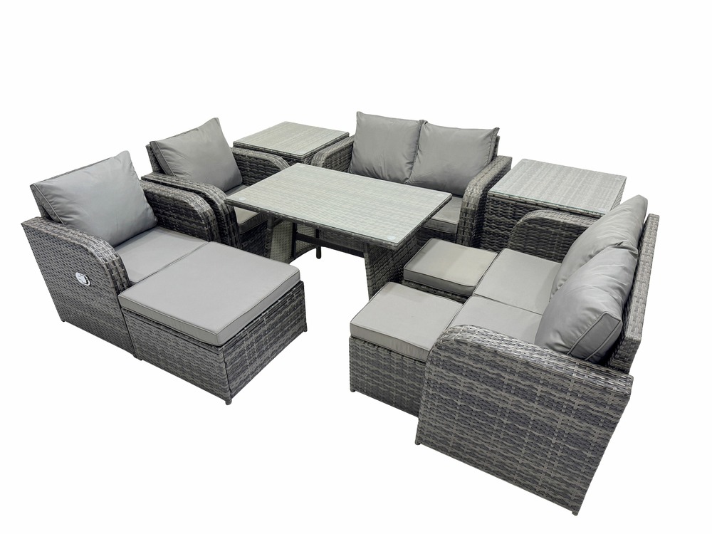 9 places ensemble de canapé en rotin extérieur avec table à manger rectangulaire 2 tables d'appoint 3 tabourets gris foncé mixte