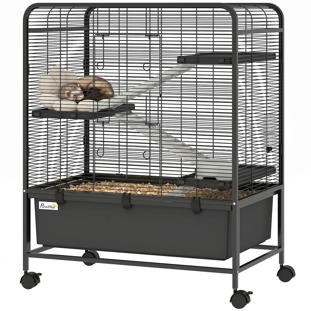 Cage rongeurs acier 4 niveaux roulettes freins accessoires plateau profond 75x46x94cm noir